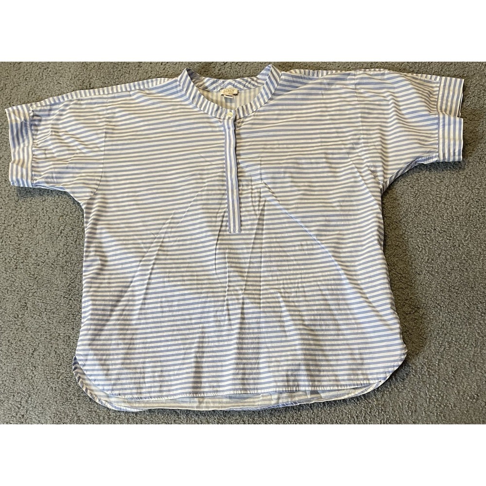 J Crew Striped Popover Blouse XL Blue White Short Sleeve Buttons Casual Coastal - Picture 3 of 11